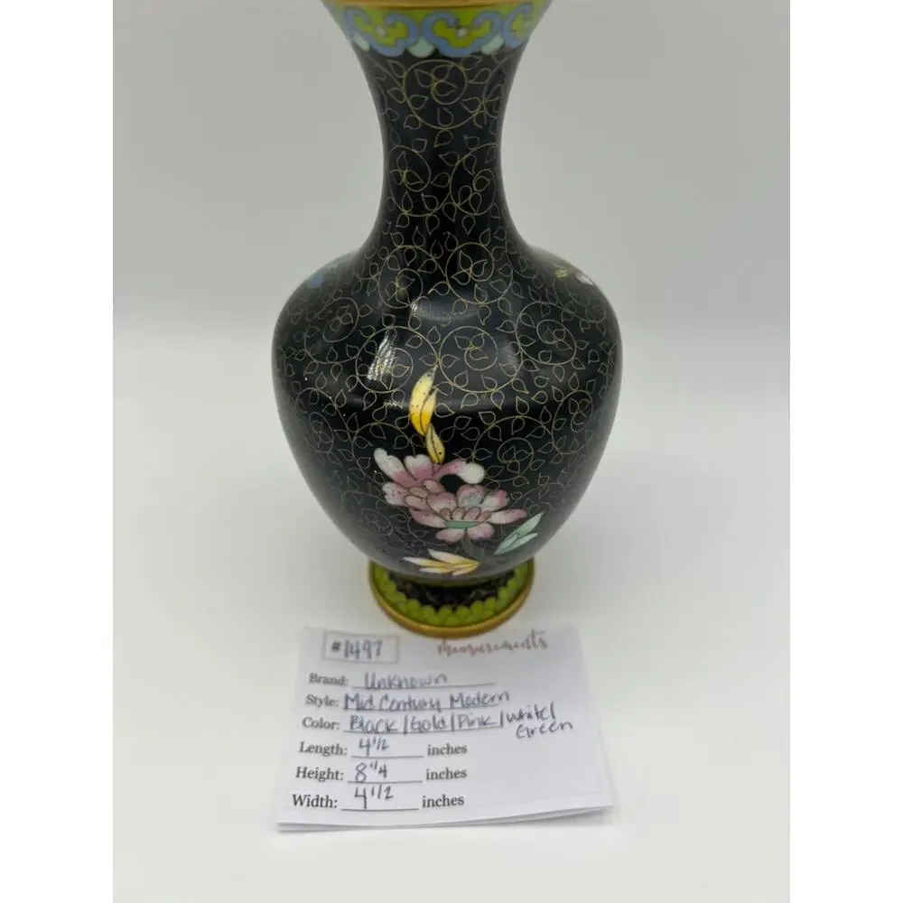 Vintage MCM‎ Black & Gold Chinese Asian Cloisonne Metal Vase 8 1/4